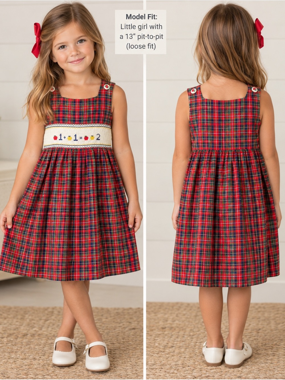 Tartan Smocked Red & Green Plaid Girls' Casual Dress with Apple Motif Buttons